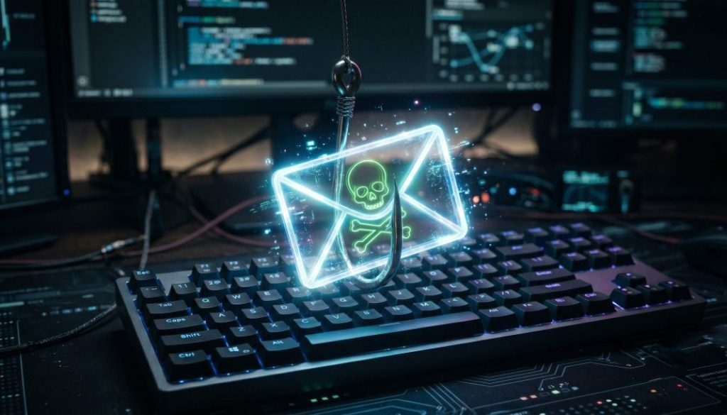 A high-tech fishing hook dangling a glowing envelope with a hidden skull over a keyboard, representing a dangerous phishing email scam.