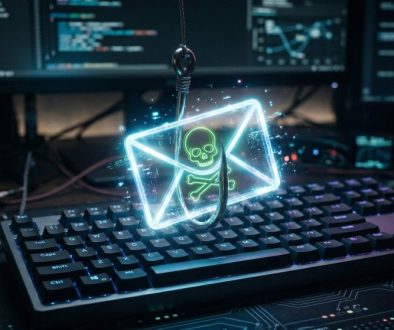 A high-tech fishing hook dangling a glowing envelope with a hidden skull over a keyboard, representing a dangerous phishing email scam.